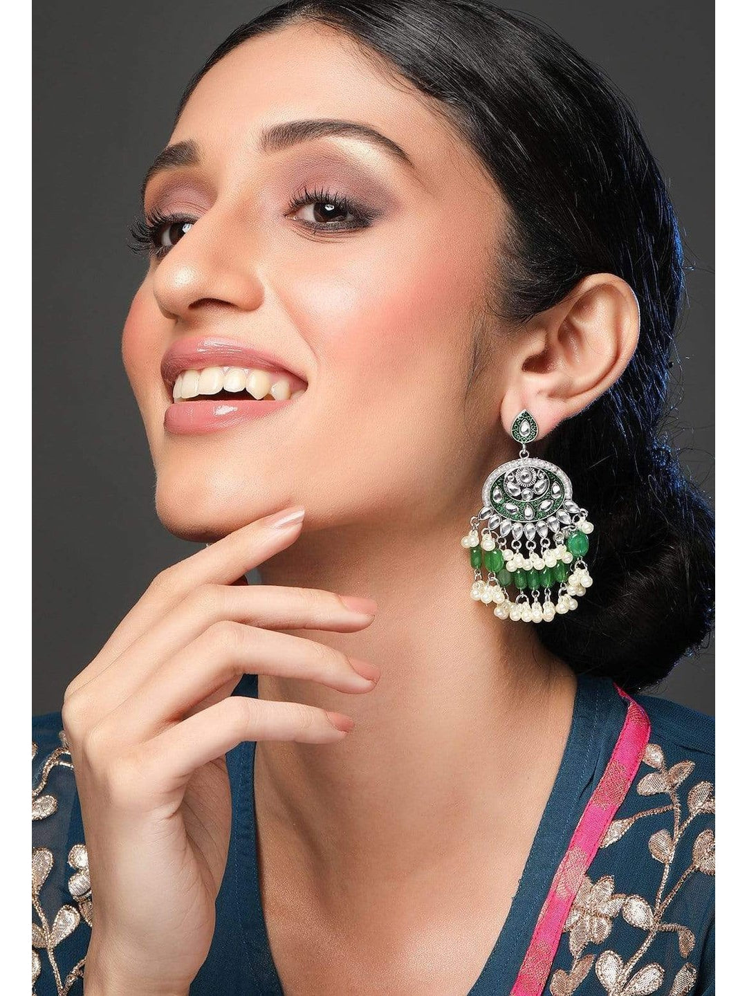 Rubans Kundan Green Enamel with Beads Silver Plated Hancrafted Chandbali Earrings Earrings