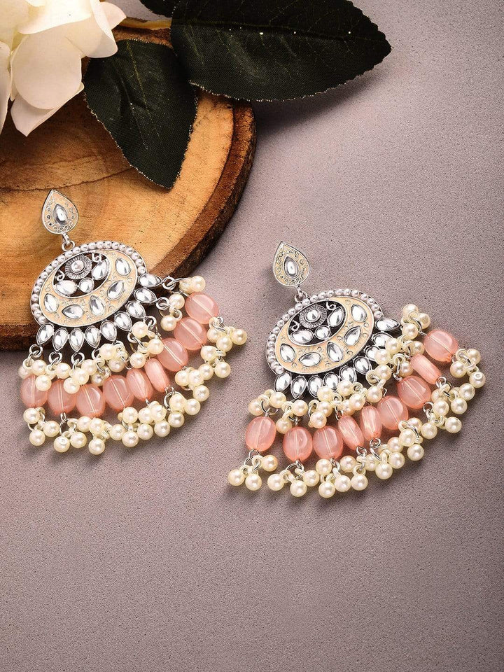 Rubans Kundan Peach Enamel with Beads Silver Plated Hancrafted Chandbali Earrings Earrings