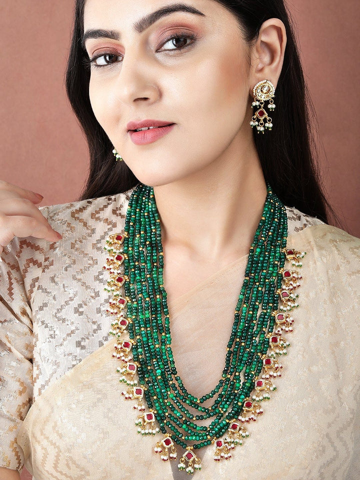 Rubans Kundan & Ruby Gold Plated Emerald Multi String Necklace Set Necklace Set
