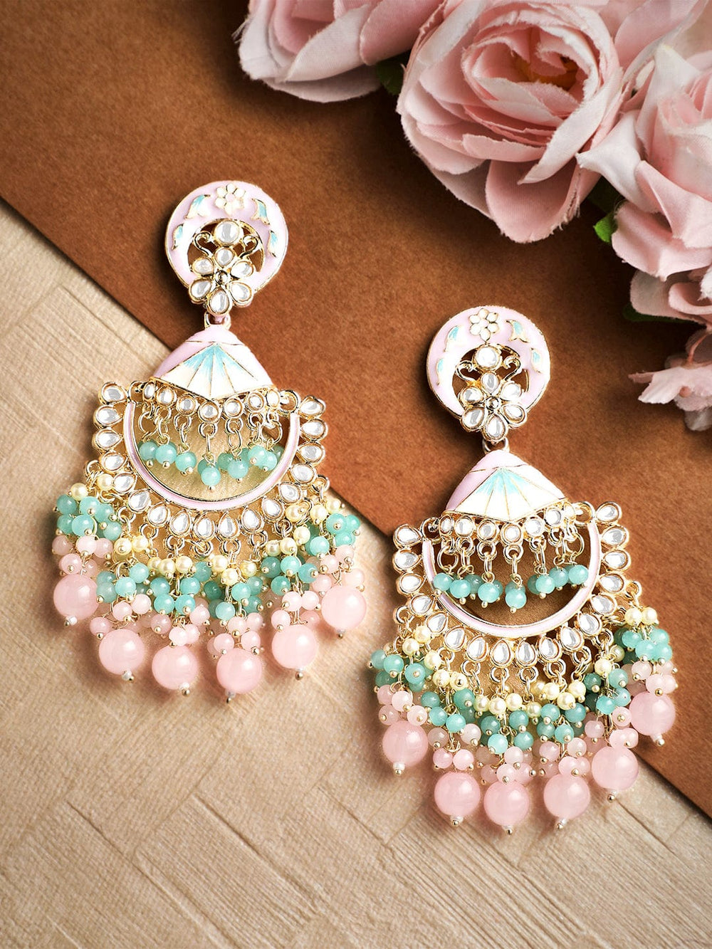 Rubans Kundan Studded Enamelled Chandbali Earrings with Pink And Blue Beads Hangings. Earrings