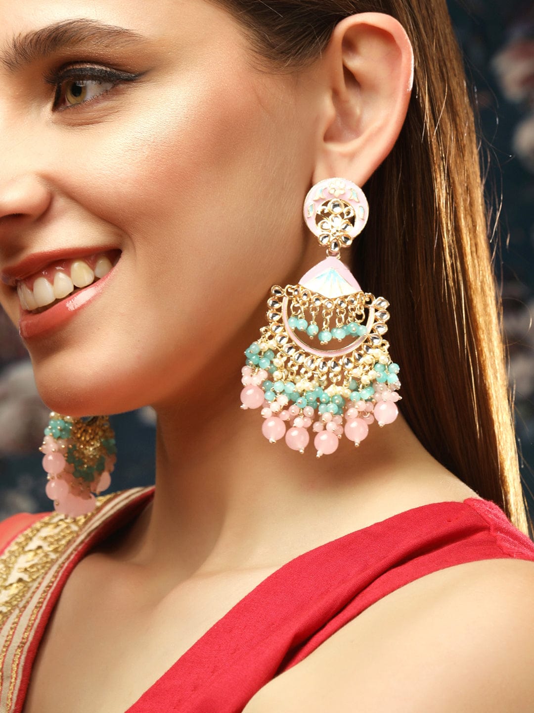 Rubans Kundan Studded Enamelled Chandbali Earrings with Pink And Blue Beads Hangings. Earrings