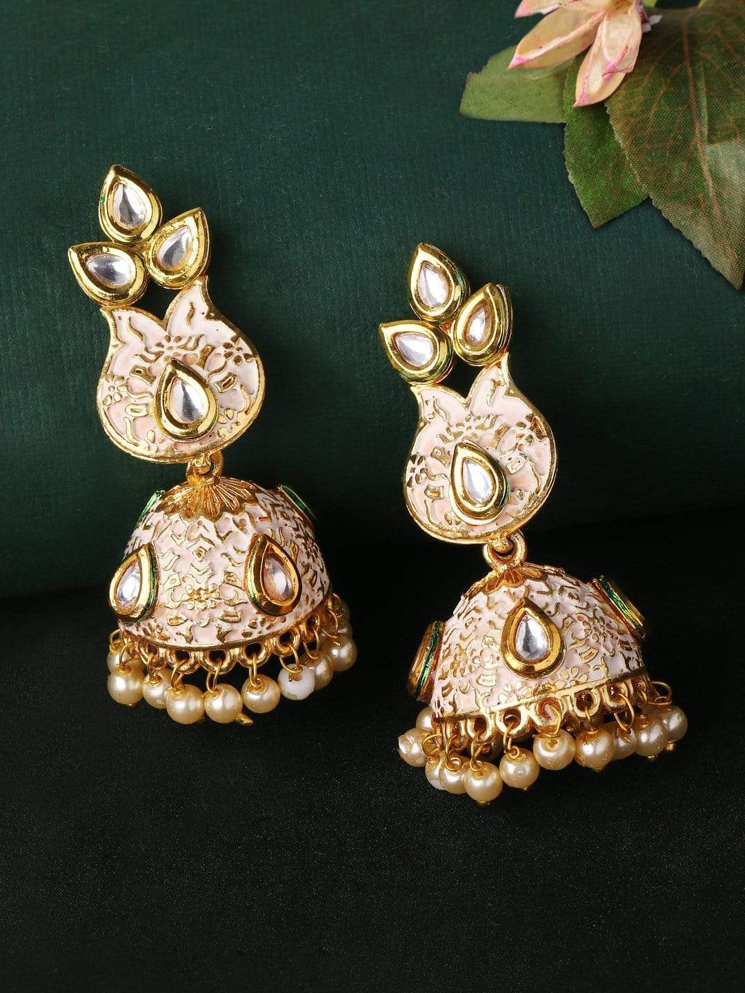 Rubans Kundan Studded Hand Painted Jhumka Earrings Rings