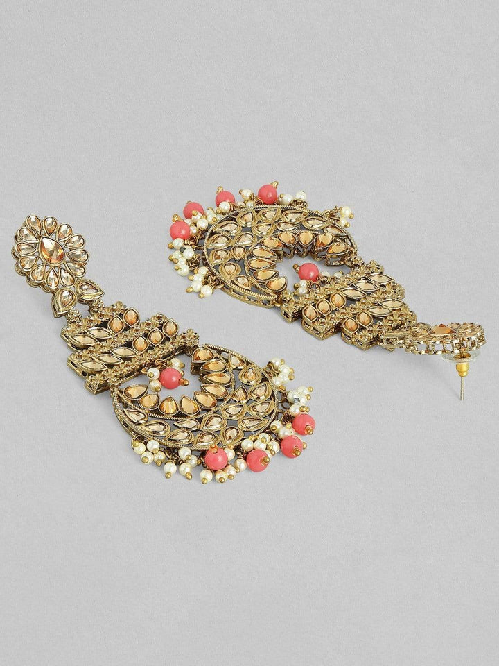 Rubans Kundan Studded with Pink Beads Handcrafted Gold Plated Chandbali Earrings Earrings