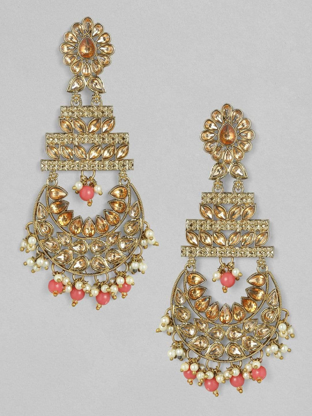 Rubans Kundan Studded with Pink Beads Handcrafted Gold Plated Chandbali Earrings Earrings