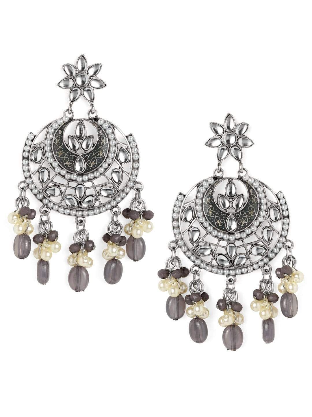 Rubans Kundan with Grey Beads Silver Plated Hancrafted Chandbali Earrings Earrings