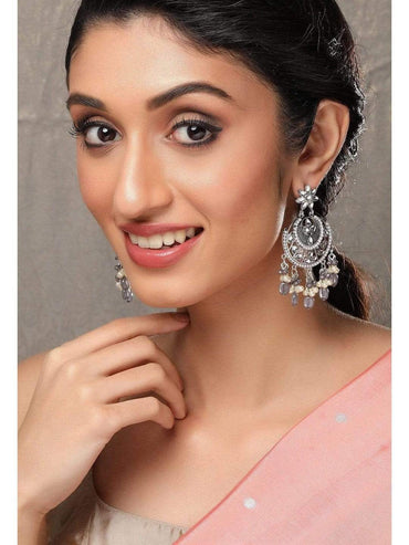 Rubans Kundan with Grey Beads Silver Plated Hancrafted Chandbali Earrings Earrings