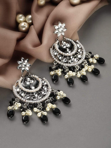 Rubans Kundan with Grey Beads Silver Plated Hancrafted Chandbali Earrings Earrings