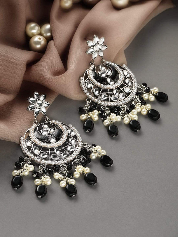 Rubans Kundan with Grey Beads Silver Plated Hancrafted Chandbali Earrings Earrings