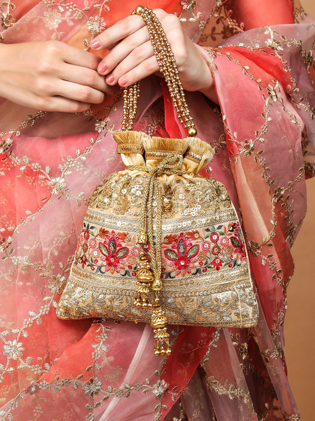 Rubans Light Brown Coloured Potli Bag With Multicoloured Embroidery Handbag & Wallet Accessories