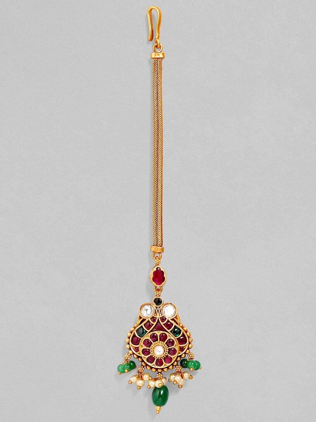 rubans LUXURY 24K Gold-Plated Pink & Green Ruby-Studded & Beaded Handcrafted Maang Tikka Maang Tikka