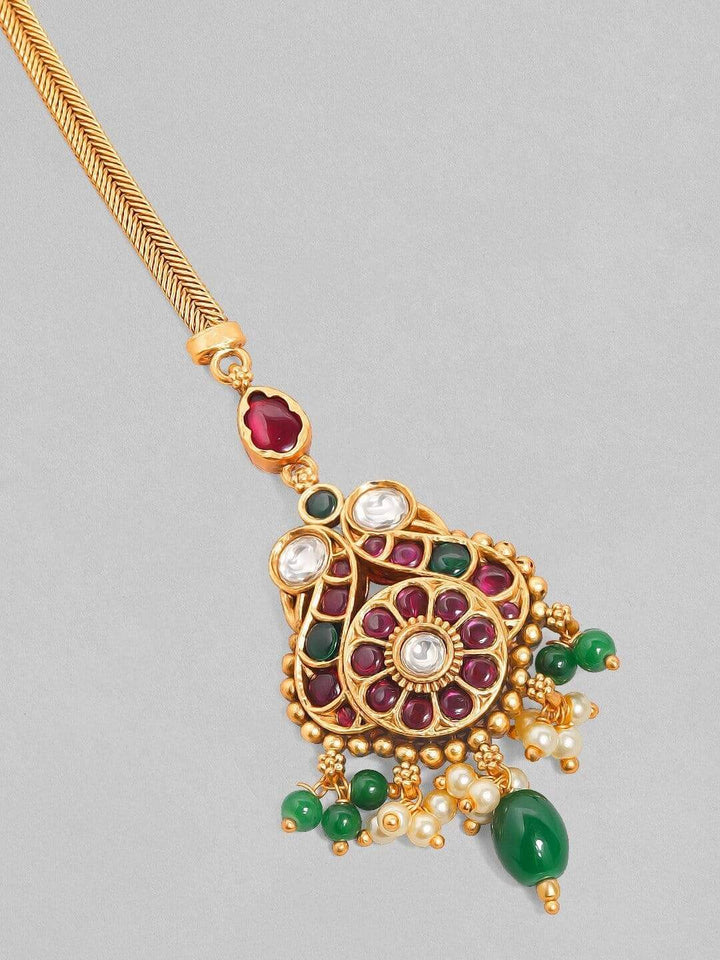 rubans LUXURY 24K Gold-Plated Pink & Green Ruby-Studded & Beaded Handcrafted Maang Tikka Maang Tikka