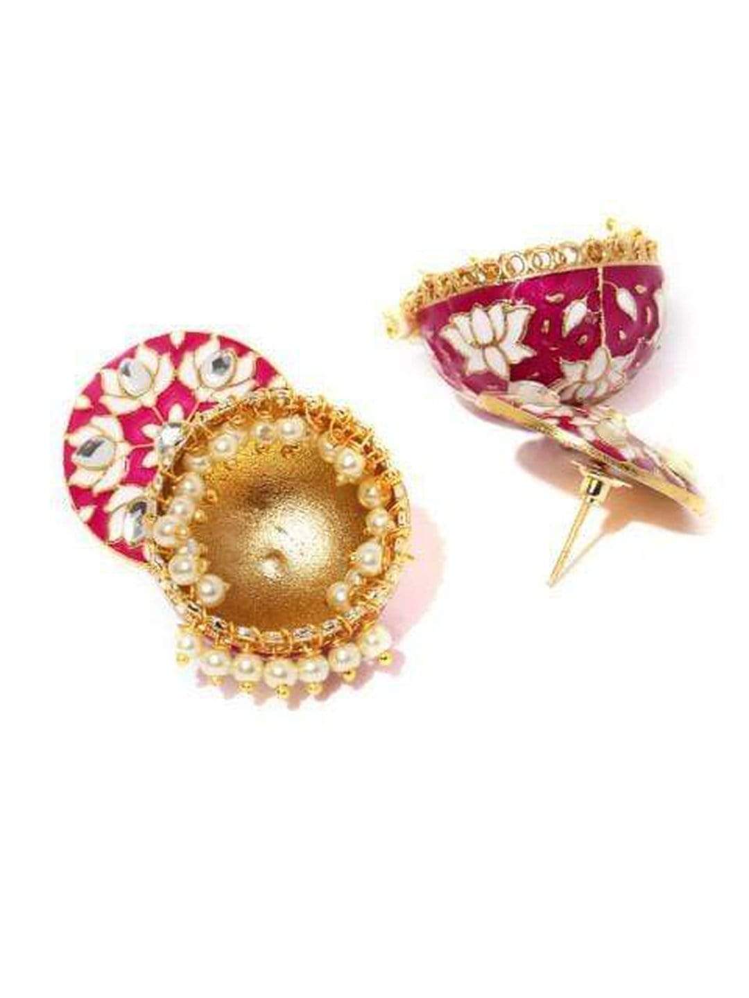 Rubans Magenta & Gold-Toned Hand Painted Floral Jhumkas Earrings