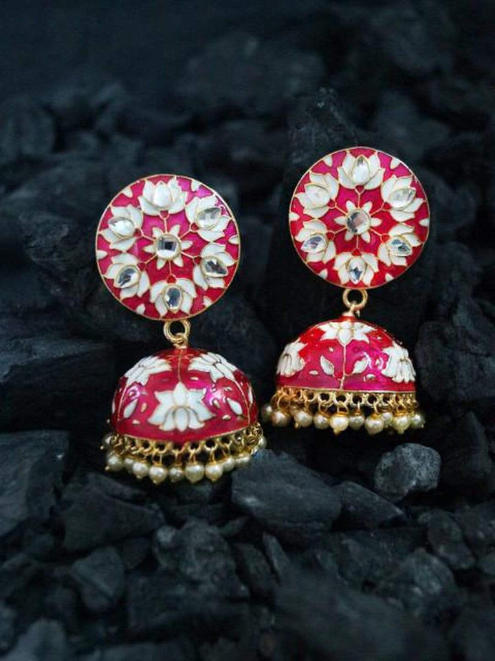 Rubans Magenta & Gold-Toned Hand Painted Floral Jhumkas Earrings