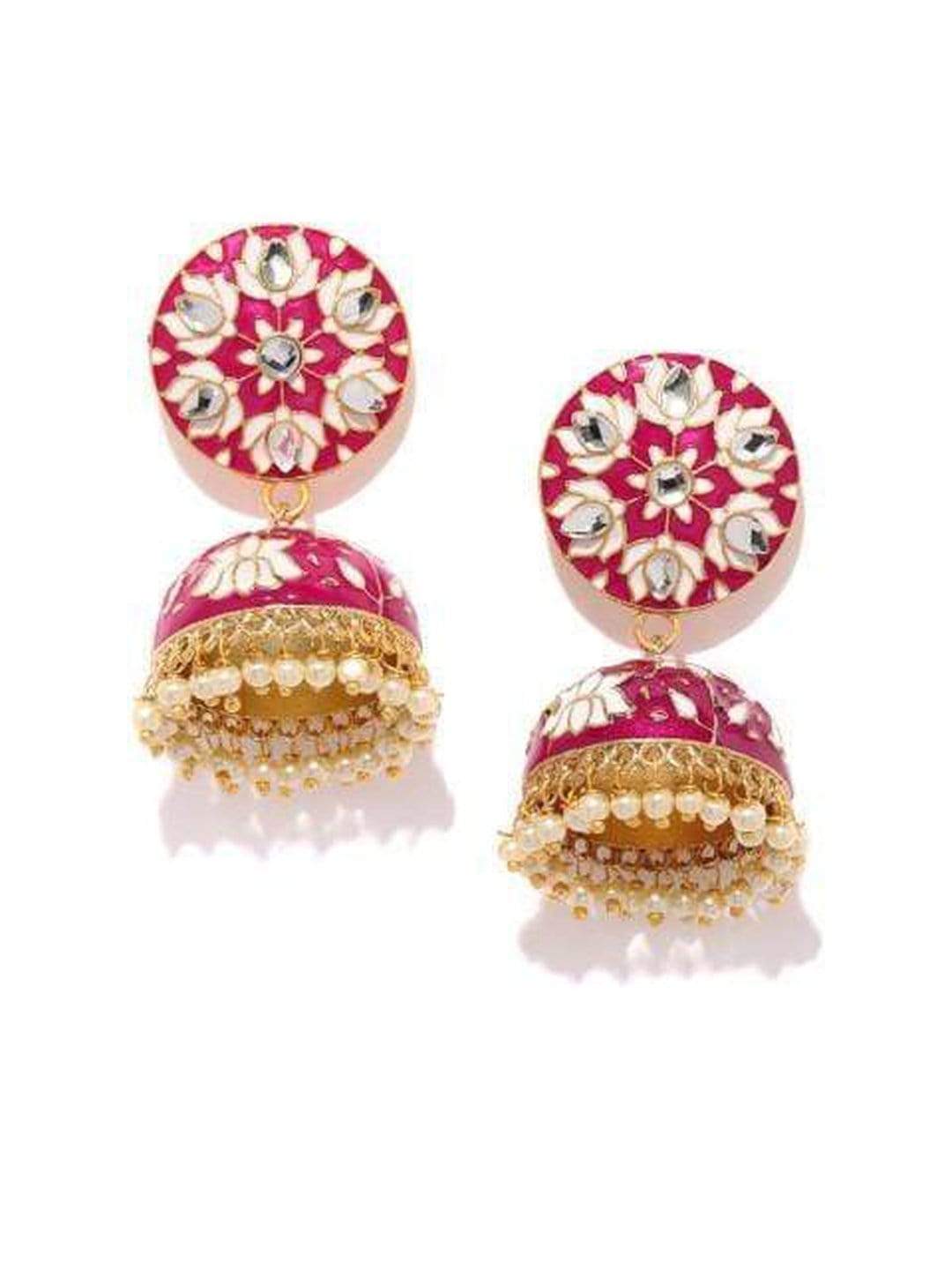 Rubans Magenta & Gold-Toned Hand Painted Floral Jhumkas Earrings