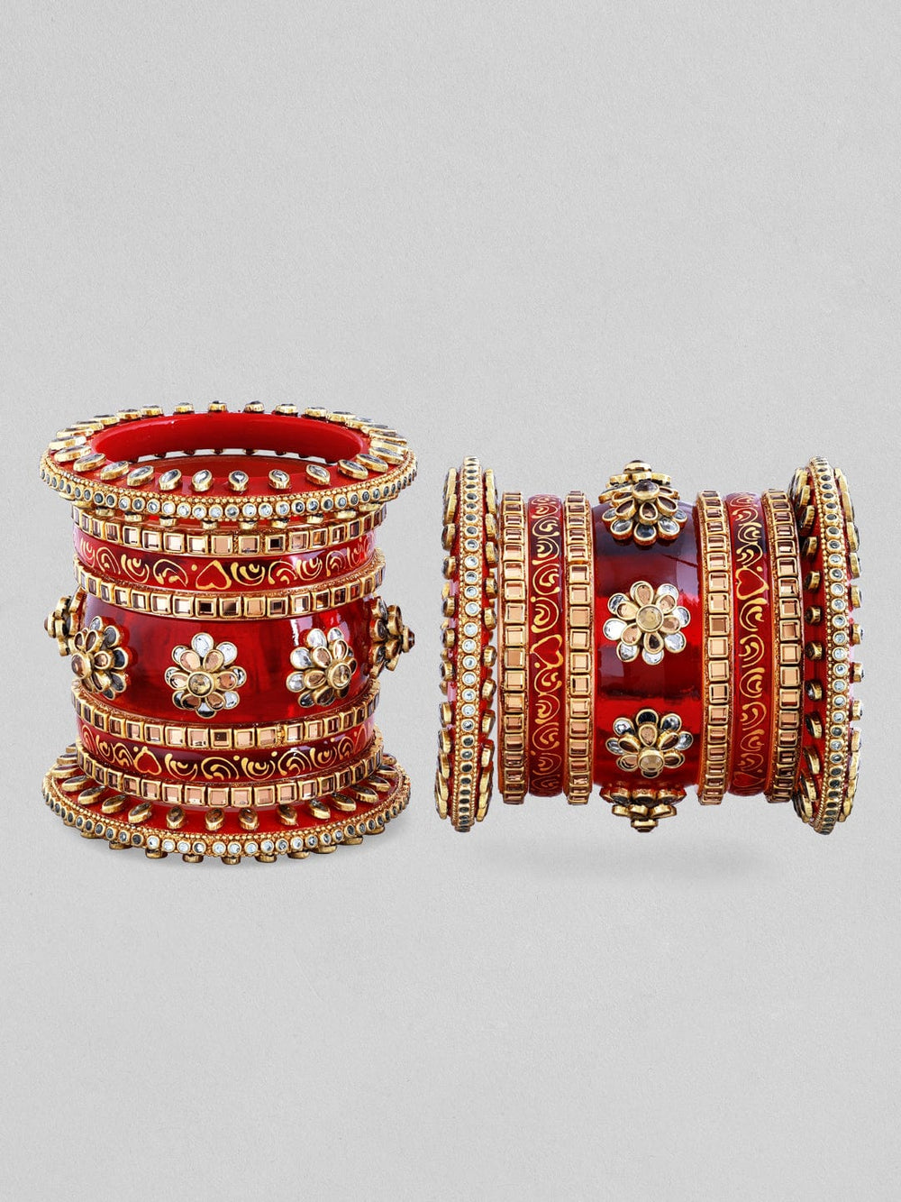 Rubans Maroon And White Color Bridal Chura With Floral Design And Studded AD. Bangles & Bracelets