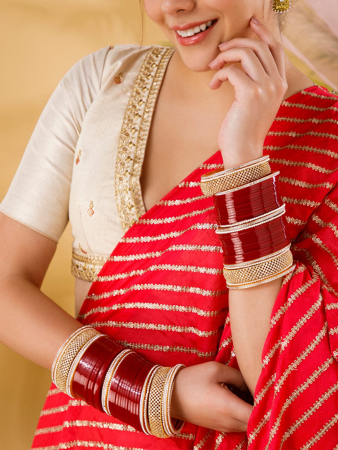 Rubans Maroon And White Color Bridal Chura With Floral Design And Studded AD. Bangles & Bracelets