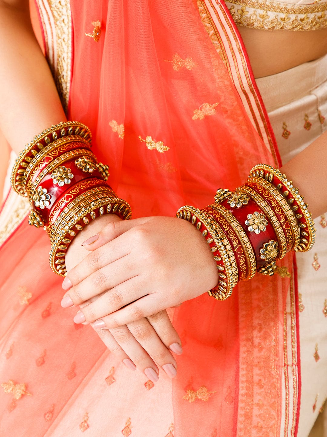 Rubans Maroon And White Color Bridal Chura With Floral Design And Studded AD. Bangles & Bracelets