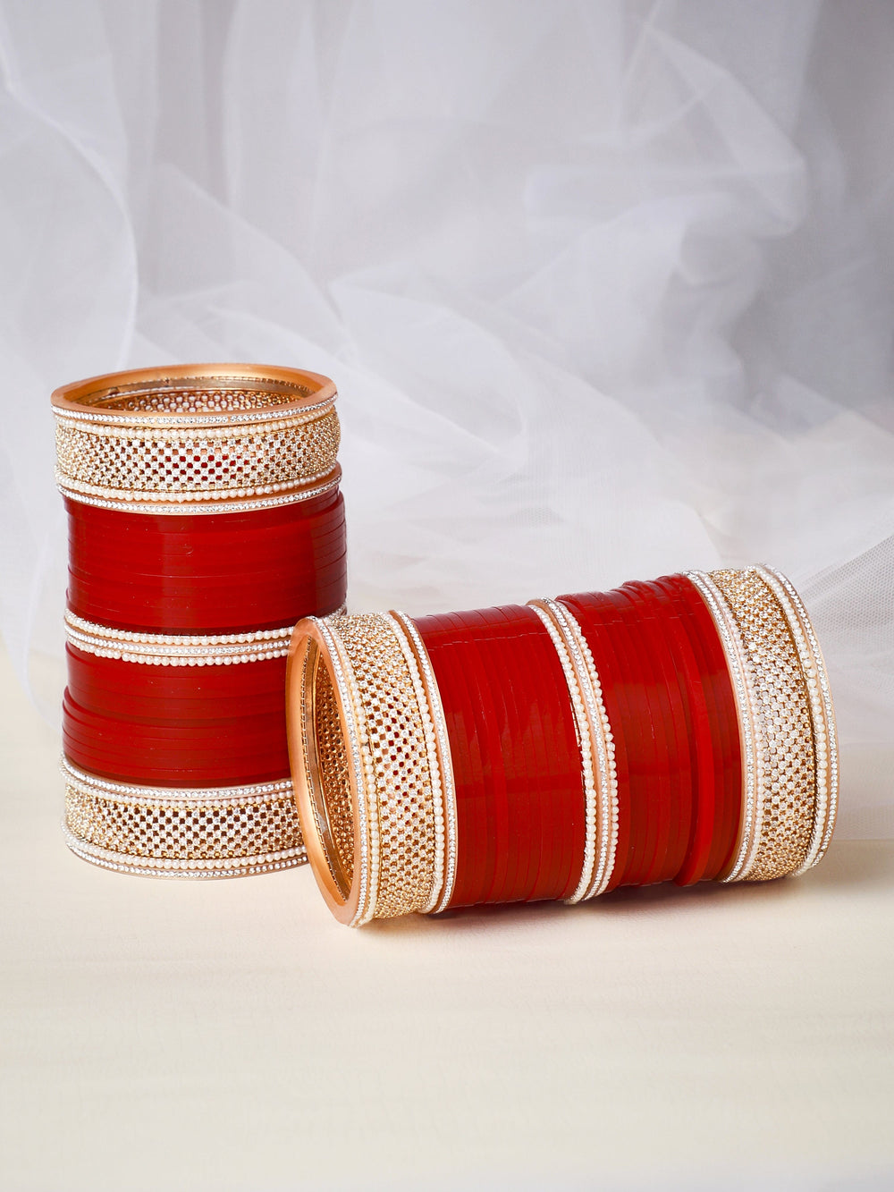 Rubans Maroon And White Color Bridal Chura With Floral Design And Studded AD. Bangles & Bracelets