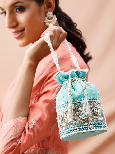 Rubans Mint Coloured Potli Bag With Golden And White Embroided Design. Handbag & Wallet Accessories