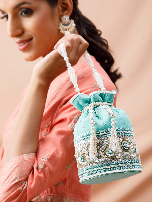 Rubans Mint Coloured Potli Bag With Golden And White Embroided Design. Handbag & Wallet Accessories