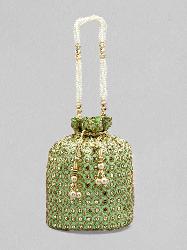 Rubans Mint Green Coloured Potli Bag With Golden Embroidery Design Handbag & Wallet Accessories