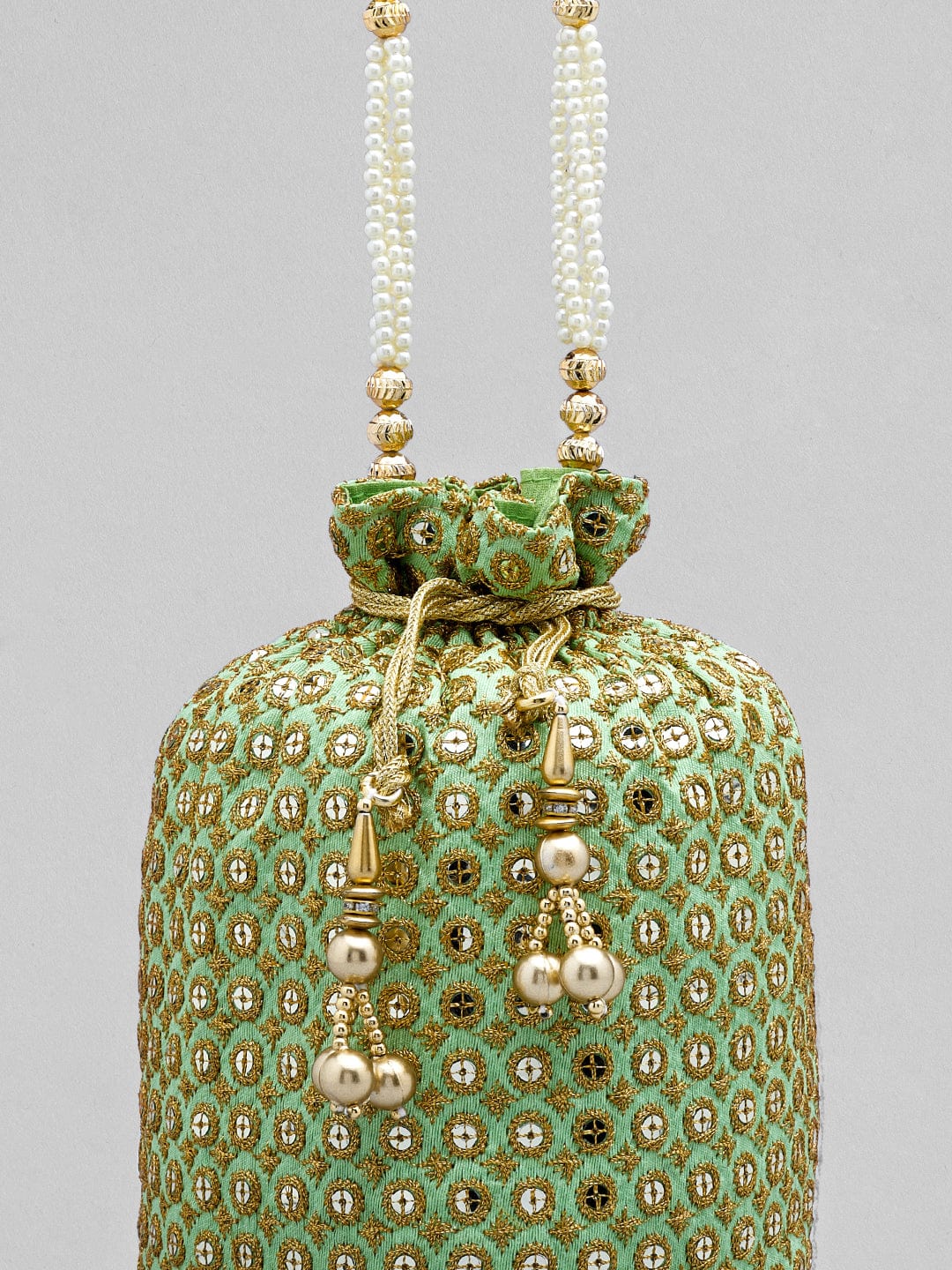 Rubans Mint Green Coloured Potli Bag With Golden Embroidery Design Handbag & Wallet Accessories