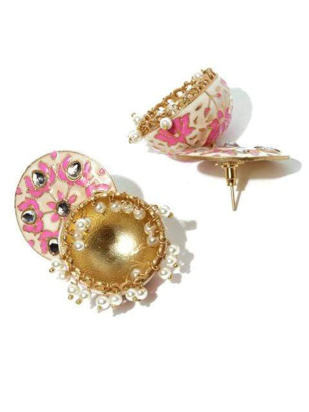 Rubans Off-White & Pink Enamel Kundan Jhumkas with Pearls Earrings