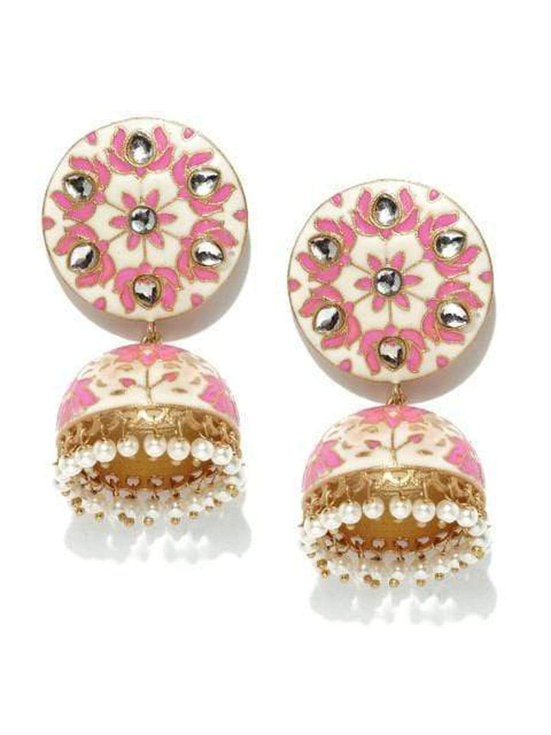 Rubans Off-White & Pink Enamel Kundan Jhumkas with Pearls Earrings