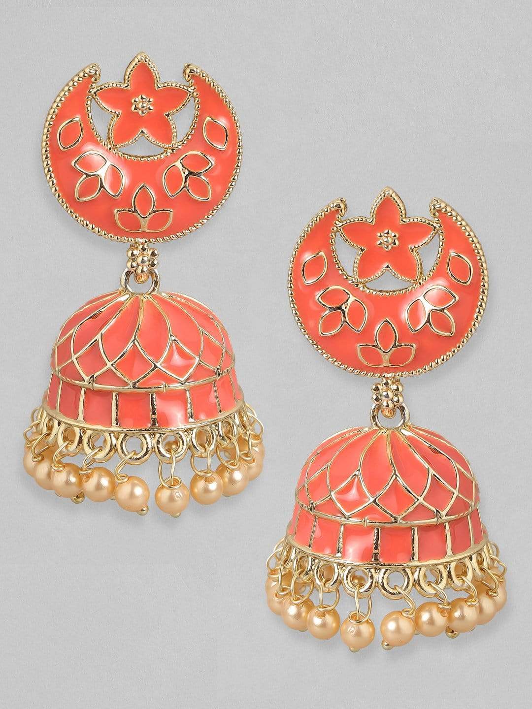 Rubans Orange Enamel 22K Gold Plated Handcrafted Crescent Jhumka Earrings Earrings