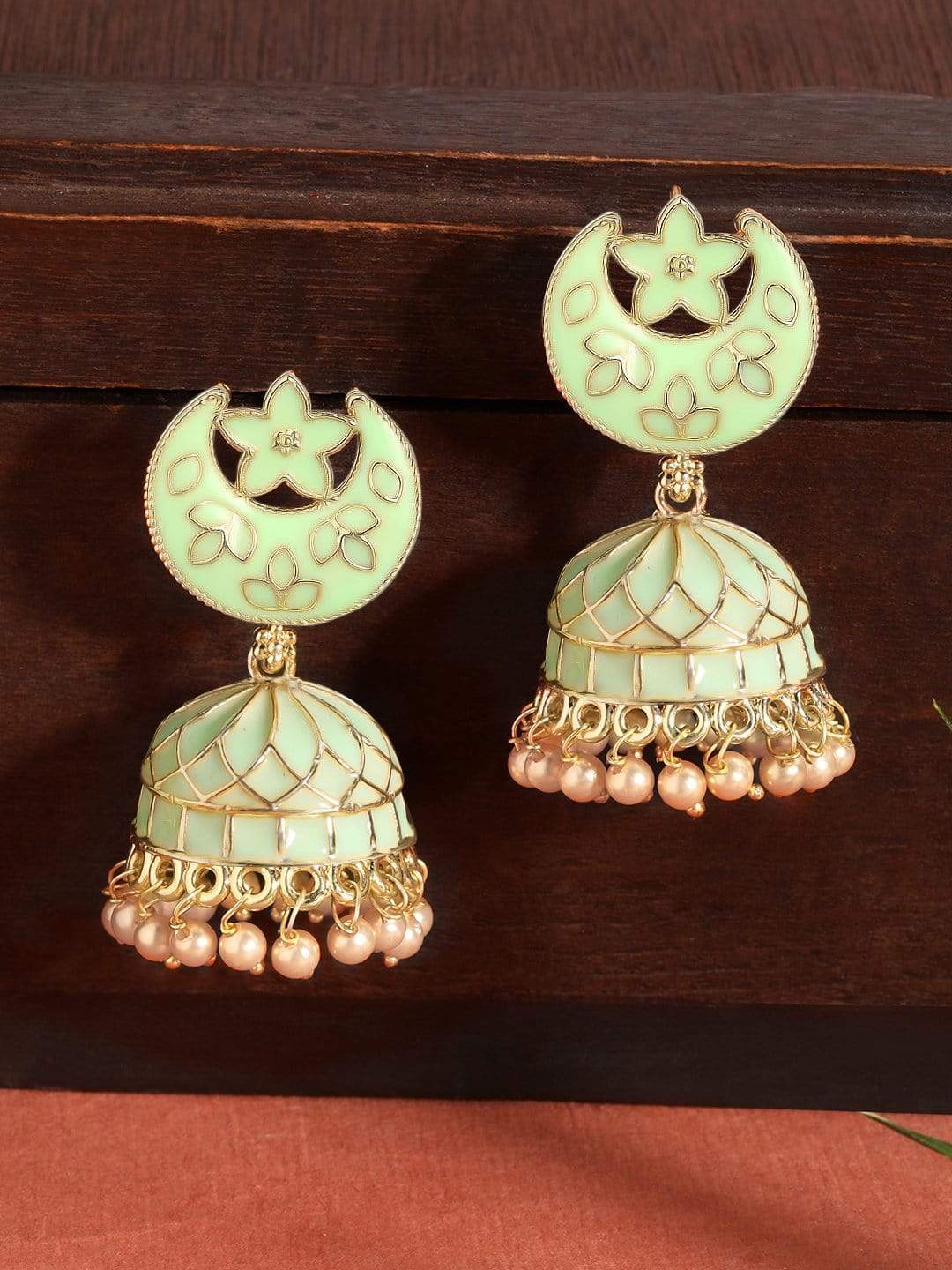 Sea Green Enamel Floral on sale long Pearl Tassel Ethnic - jhumki Earrings