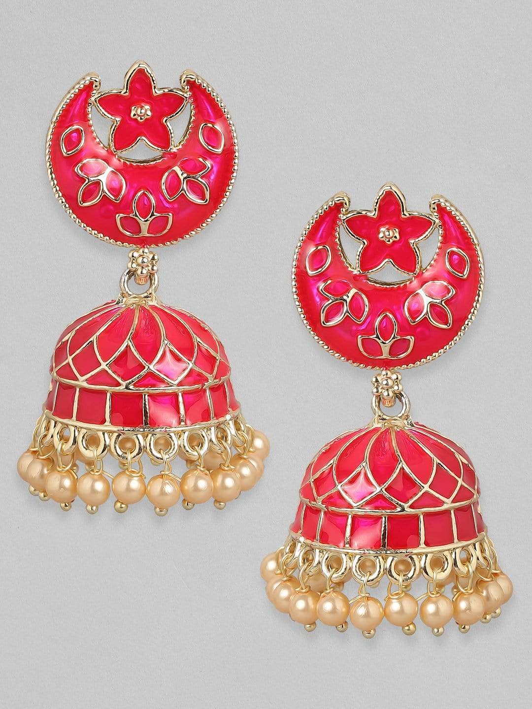 Rubans Orange Enamel 22K Gold Plated Handcrafted Crescent Jhumka Earrings Earrings