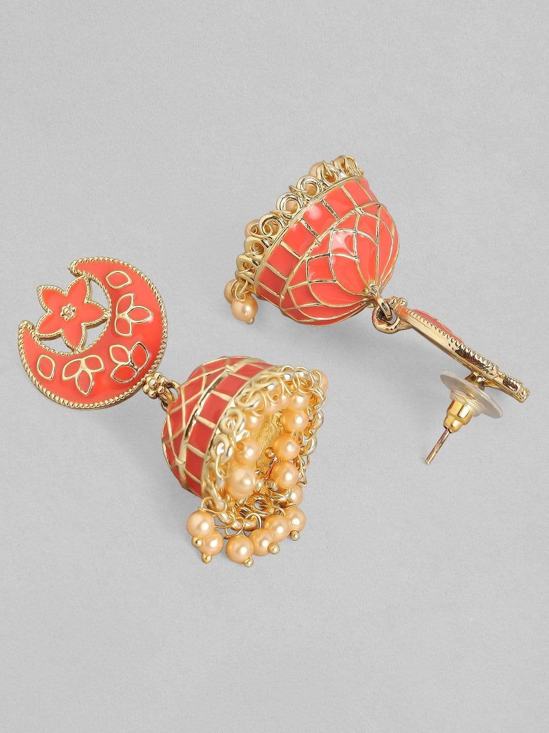 Rubans Orange Enamel 22K Gold Plated Handcrafted Crescent Jhumka Earrings Earrings