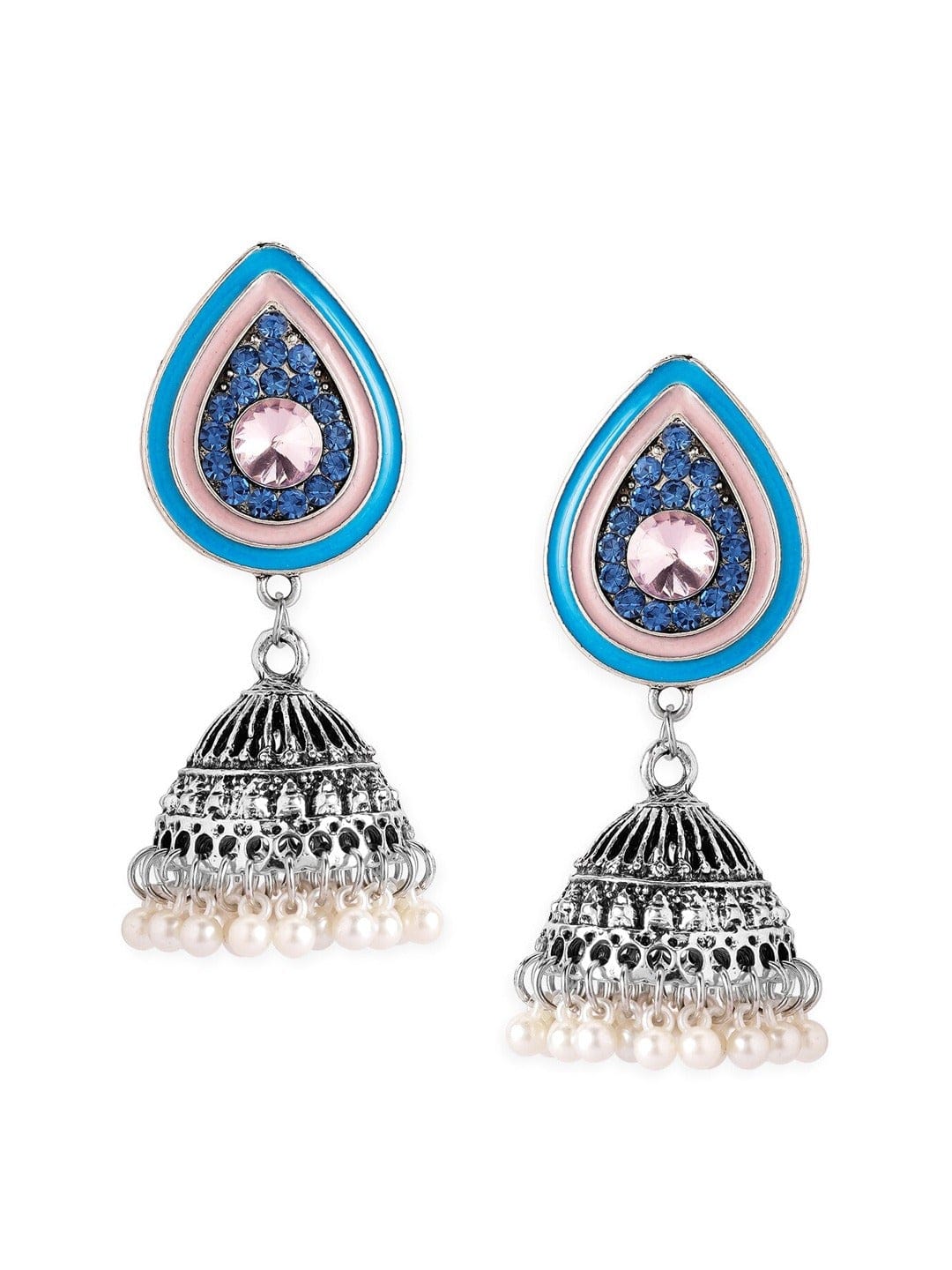 Rubans Oxidised blue and pink enameled jhumka earring. Earrings