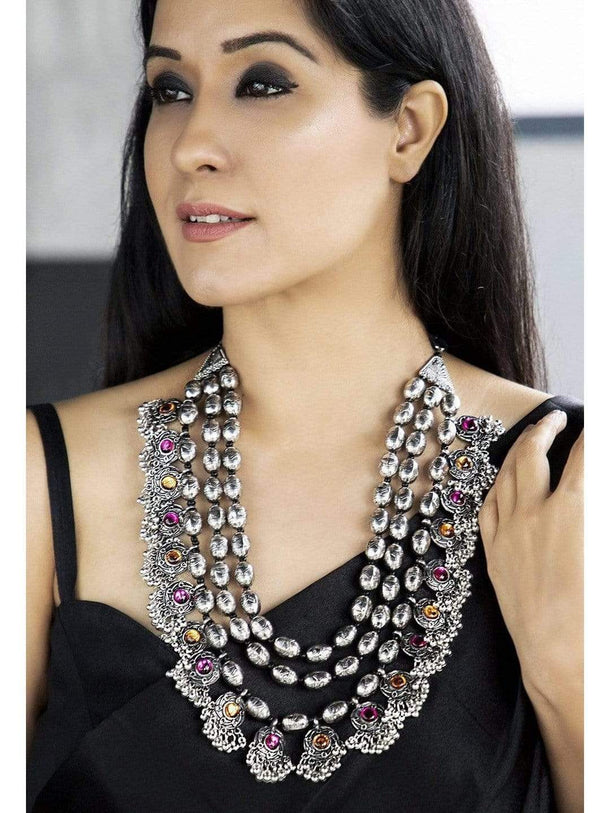 Rubans Oxidised Boho Colorstone Statement Necklace Chain & Necklaces