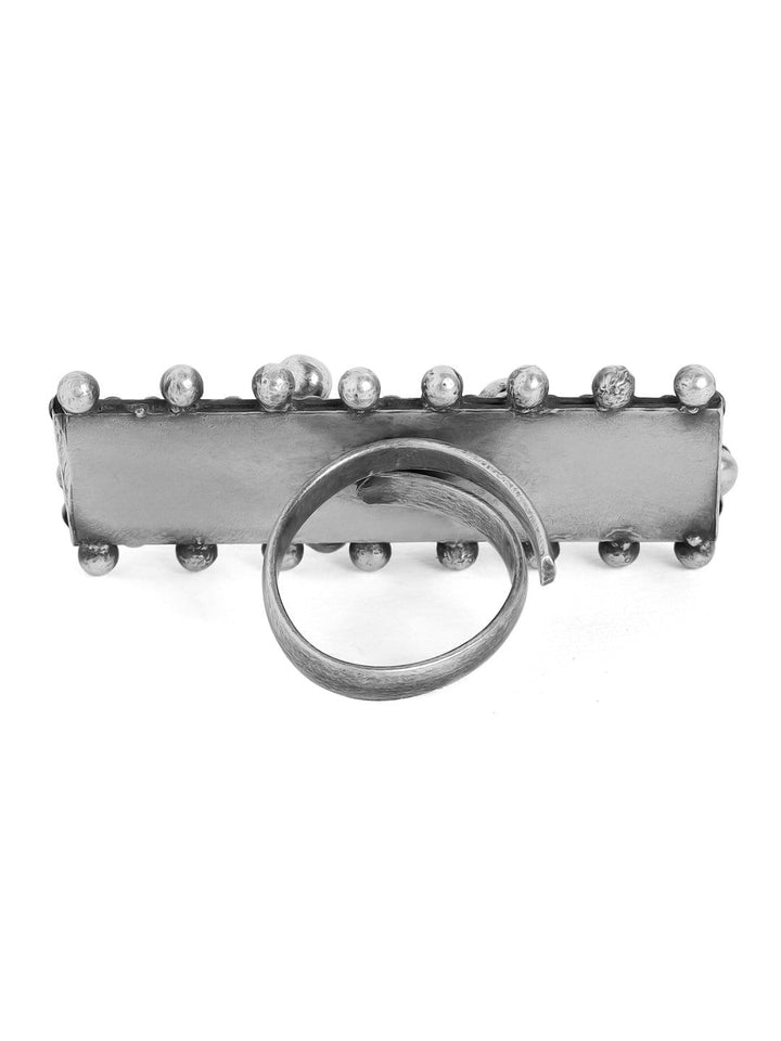 Rubans Oxidised Handcrafted Silver Plated Rectangular Ghungru Finger Ring Rings