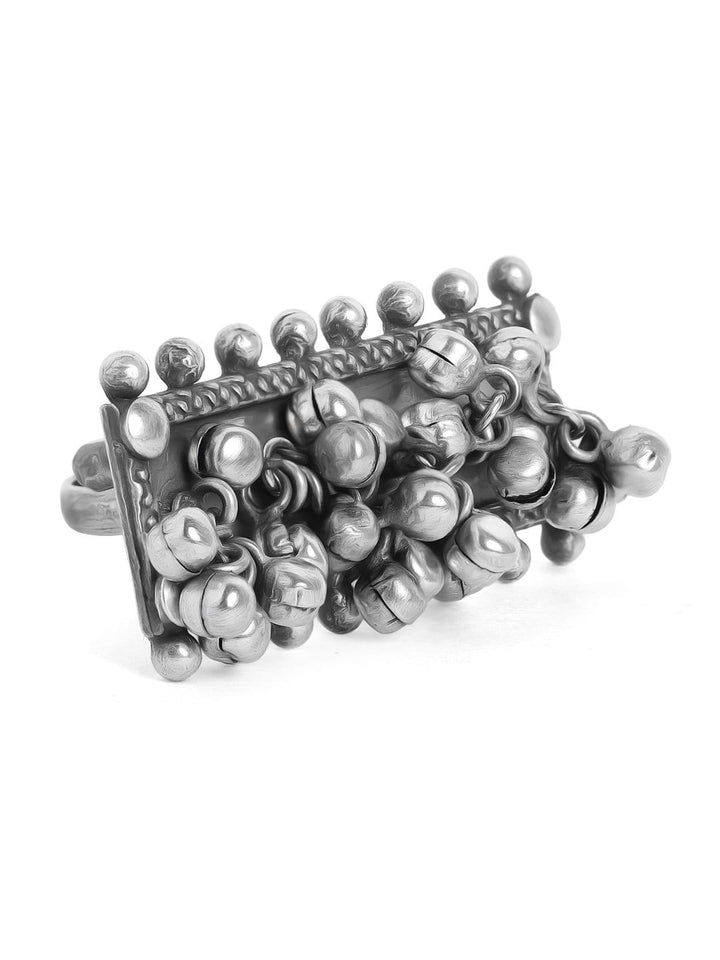 Rubans Oxidised Handcrafted Silver Plated Rectangular Ghungru Finger Ring Rings