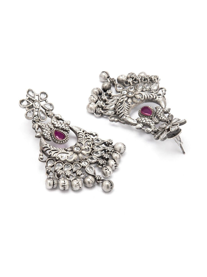 Rubans Oxidised Handcrafted Silver Toned Peacock Statement Chandbali Earrings Earrings