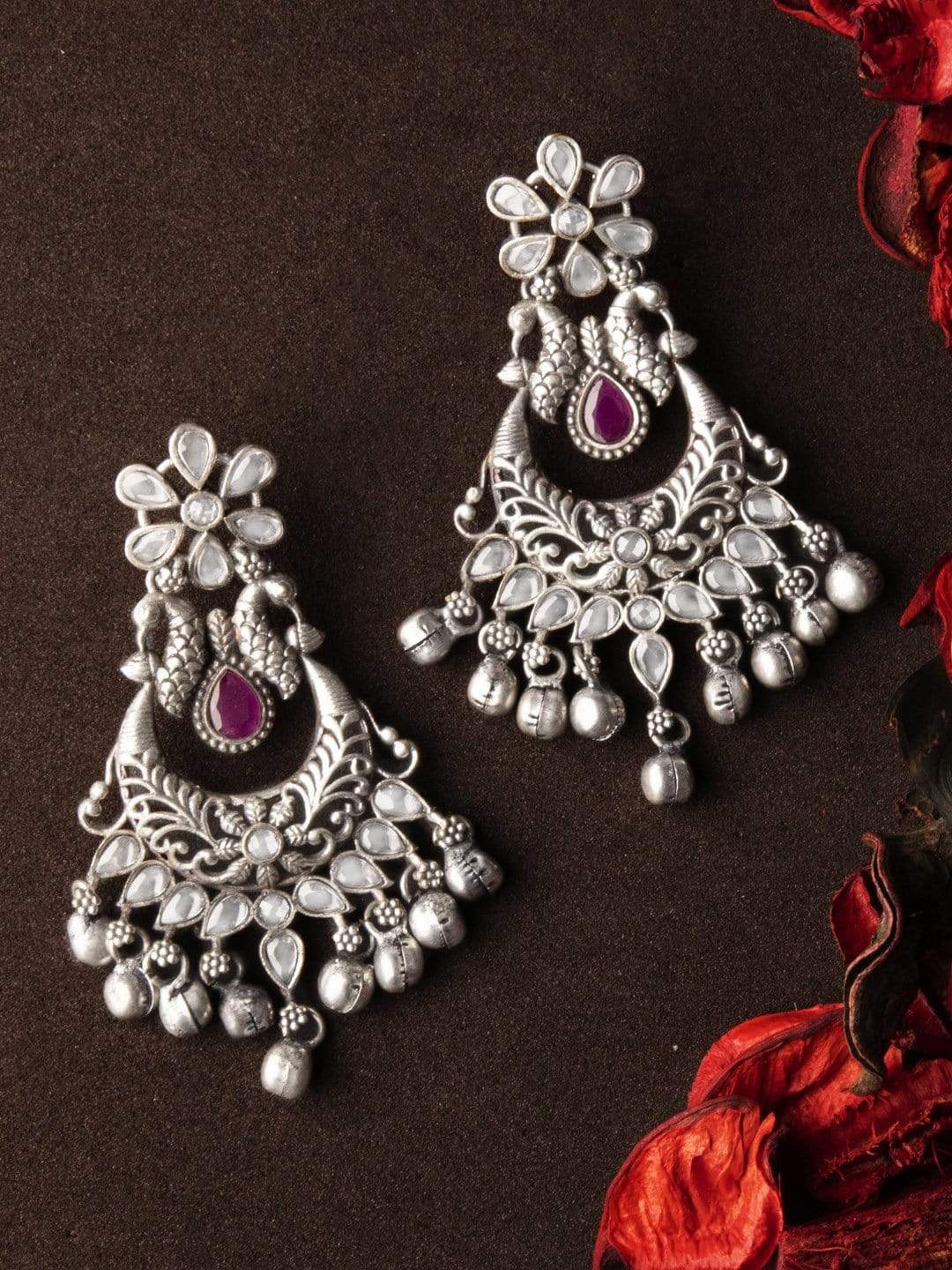 Rubans Oxidised Handcrafted Silver Toned Peacock Statement Chandbali Earrings Earrings