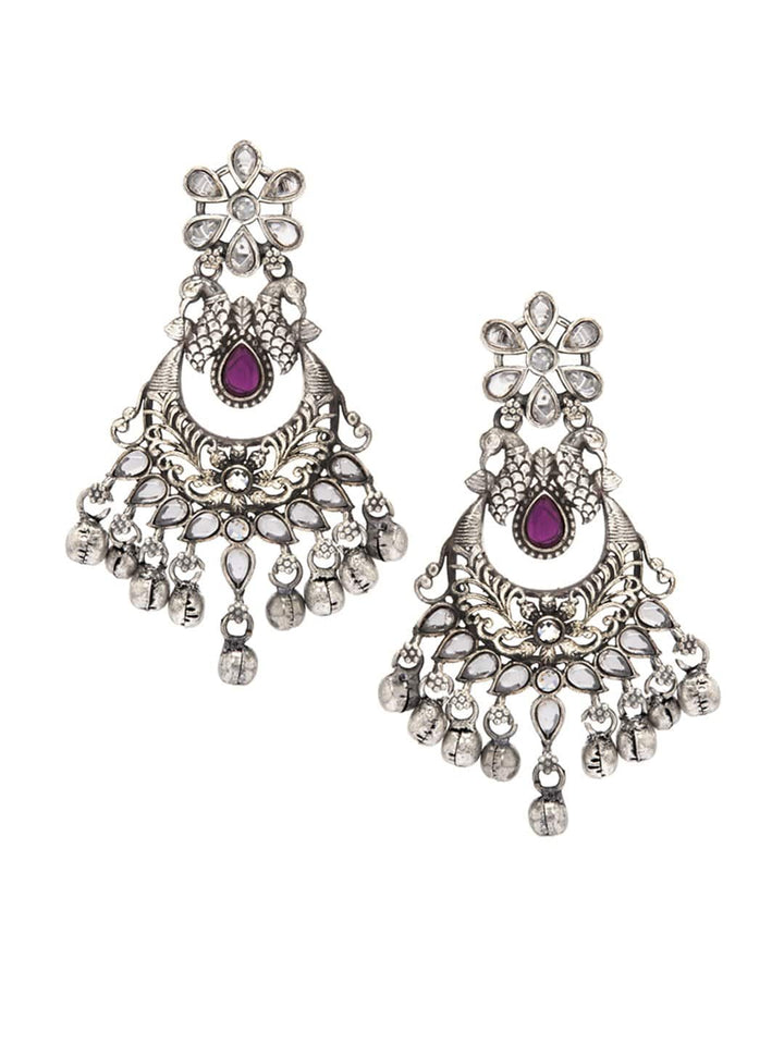 Rubans Oxidised Handcrafted Silver Toned Peacock Statement Chandbali Earrings Earrings