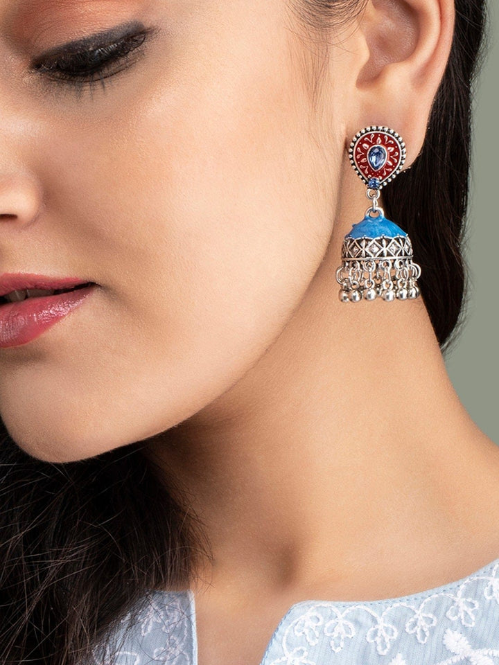 Rubans Oxidised red and blue enameled jhumka earring. Earrings