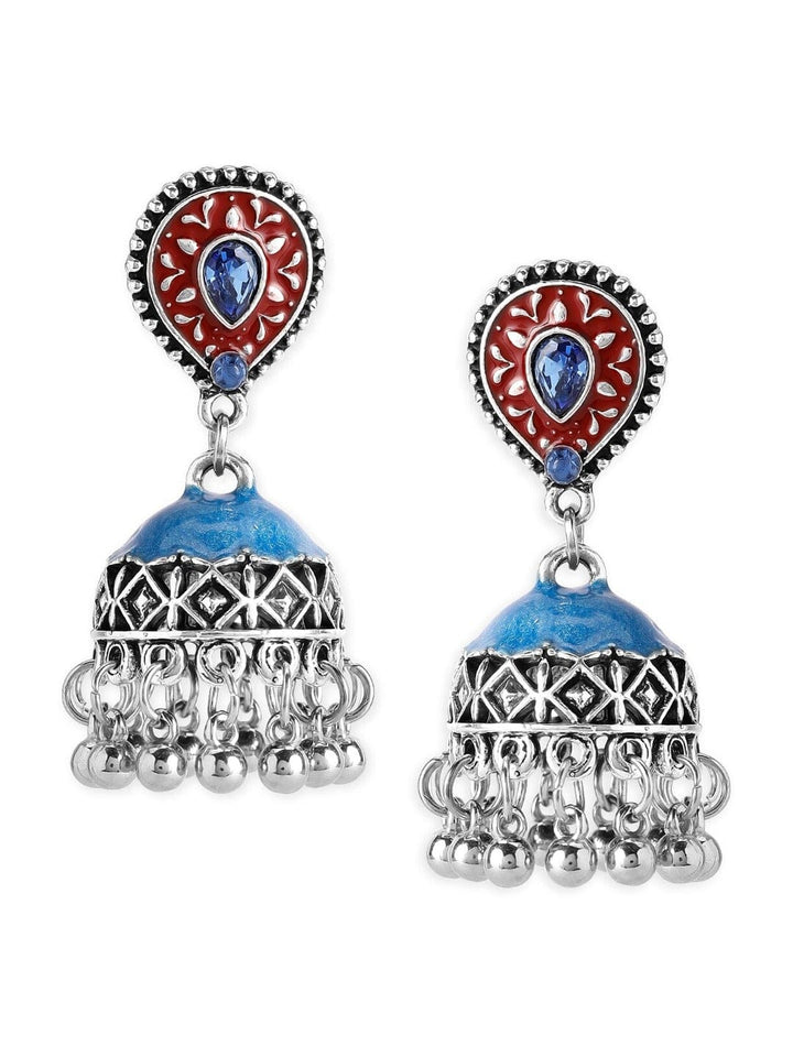 Rubans Oxidised red and blue enameled jhumka earring. Earrings