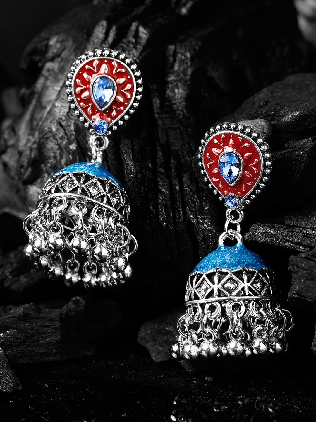 Rubans Oxidised red and blue enameled jhumka earring. Earrings