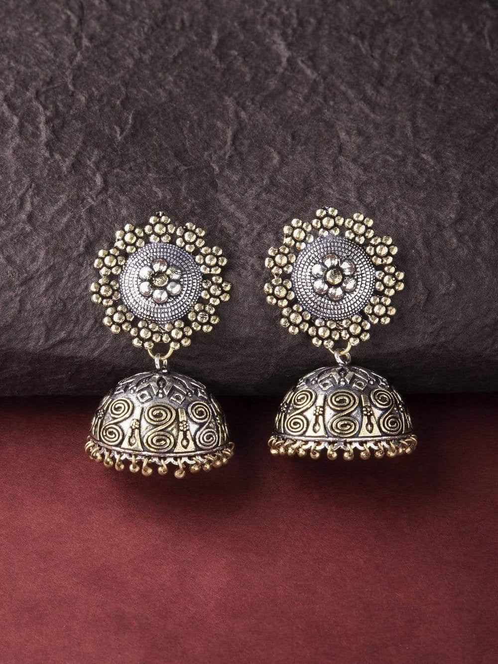 Rubans Oxidised Silver & Antique Gold-Toned Dome-Shaped Jhumka Earrings Earrings