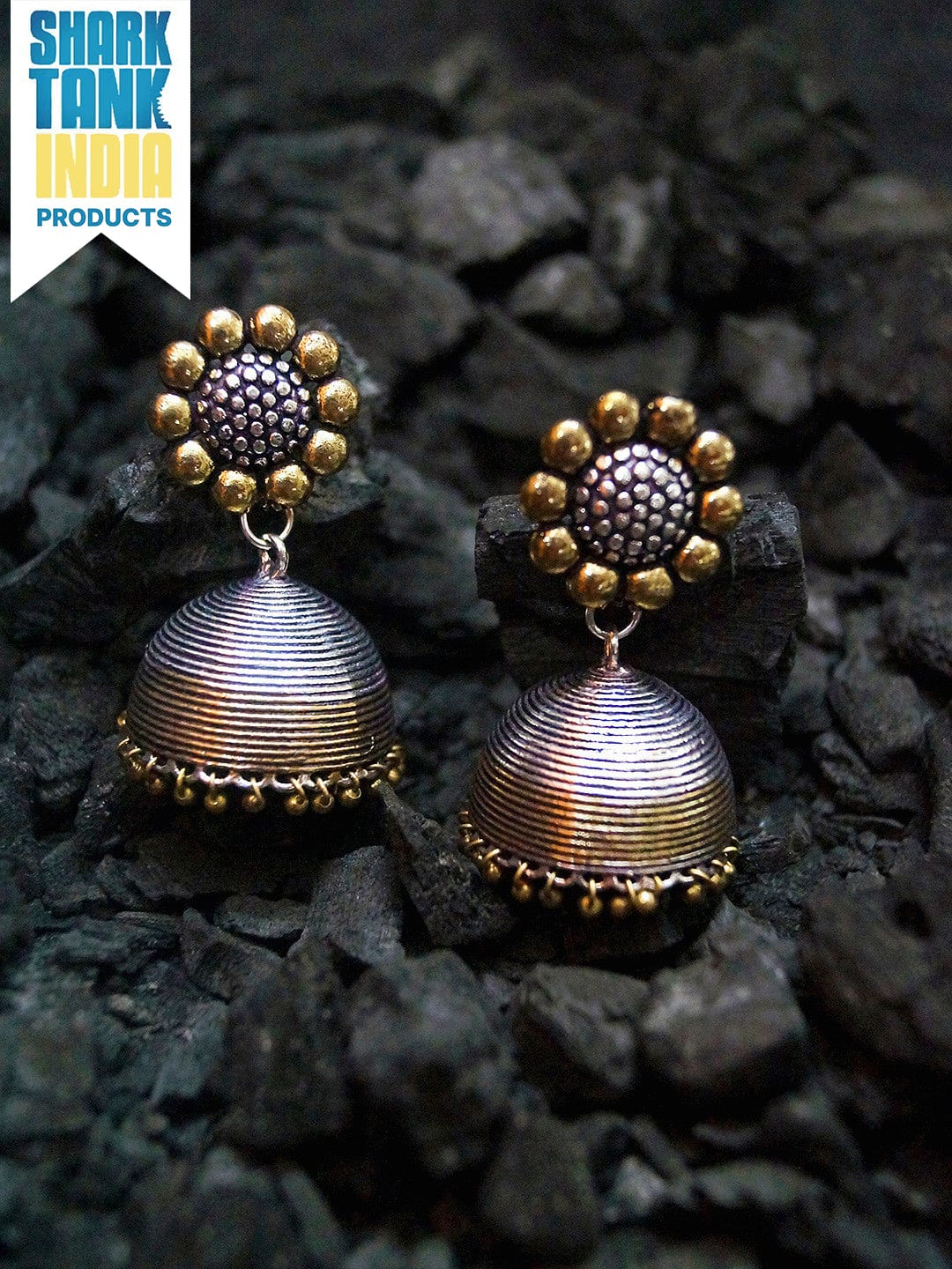 Rubans Oxidised Silver & Antique Gold-Toned Dome-Shaped Jhumkas Earrings