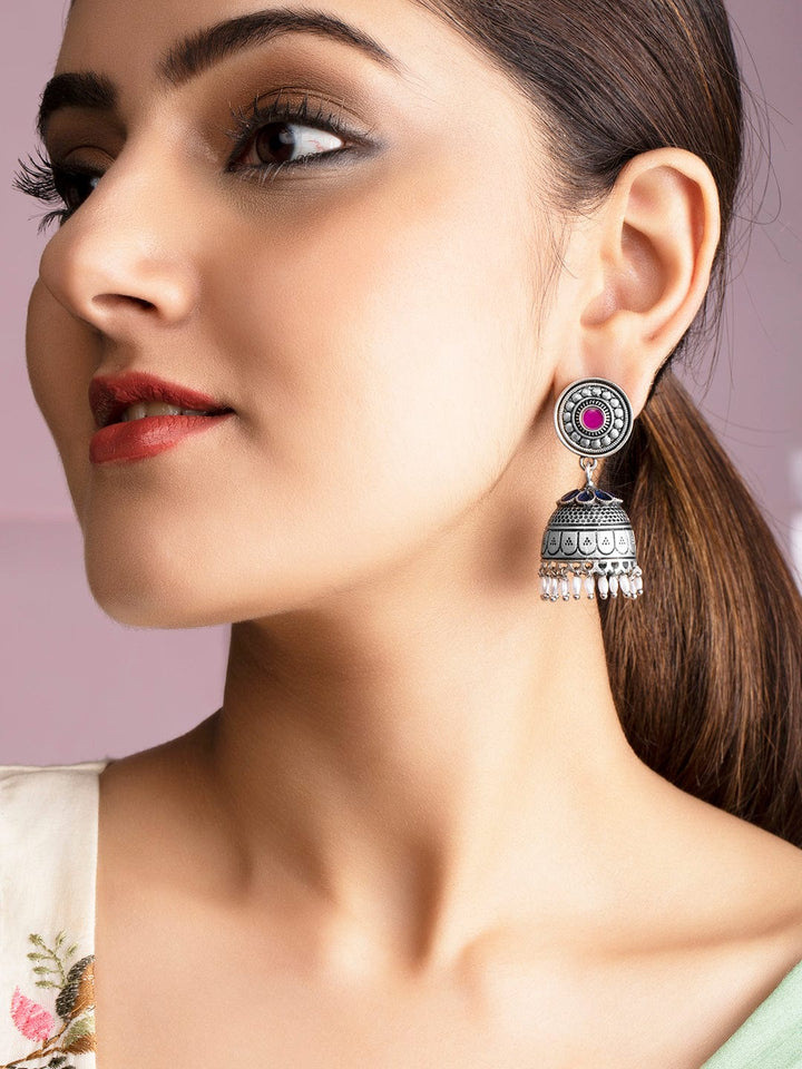 Rubans Oxidised Silver Handcrafted Pink & Blue Stone Studded Jhumka Earrings. Earrings