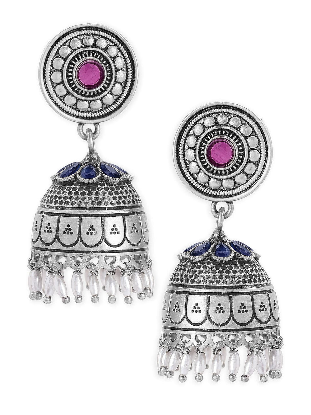 Rubans Oxidised Silver Handcrafted Pink & Blue Stone Studded Jhumka Earrings. Earrings