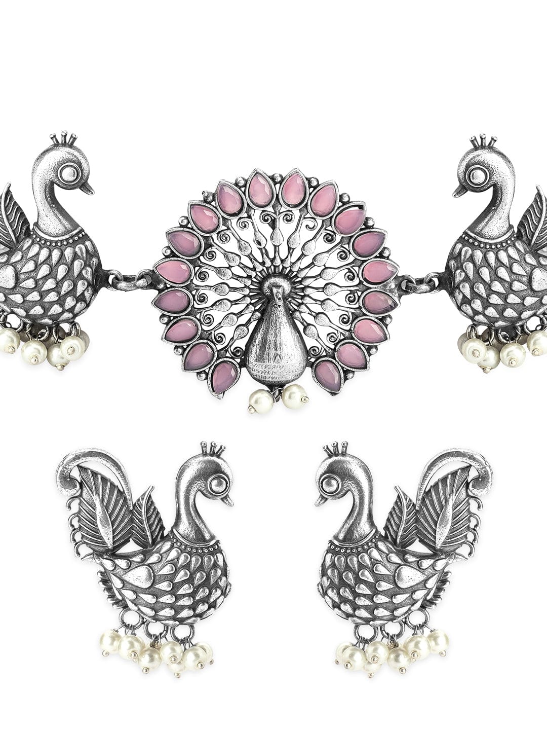 Rubans Oxidised Silver Handcrafted Ruby Studded Peacock Necklace Set. Necklace Set