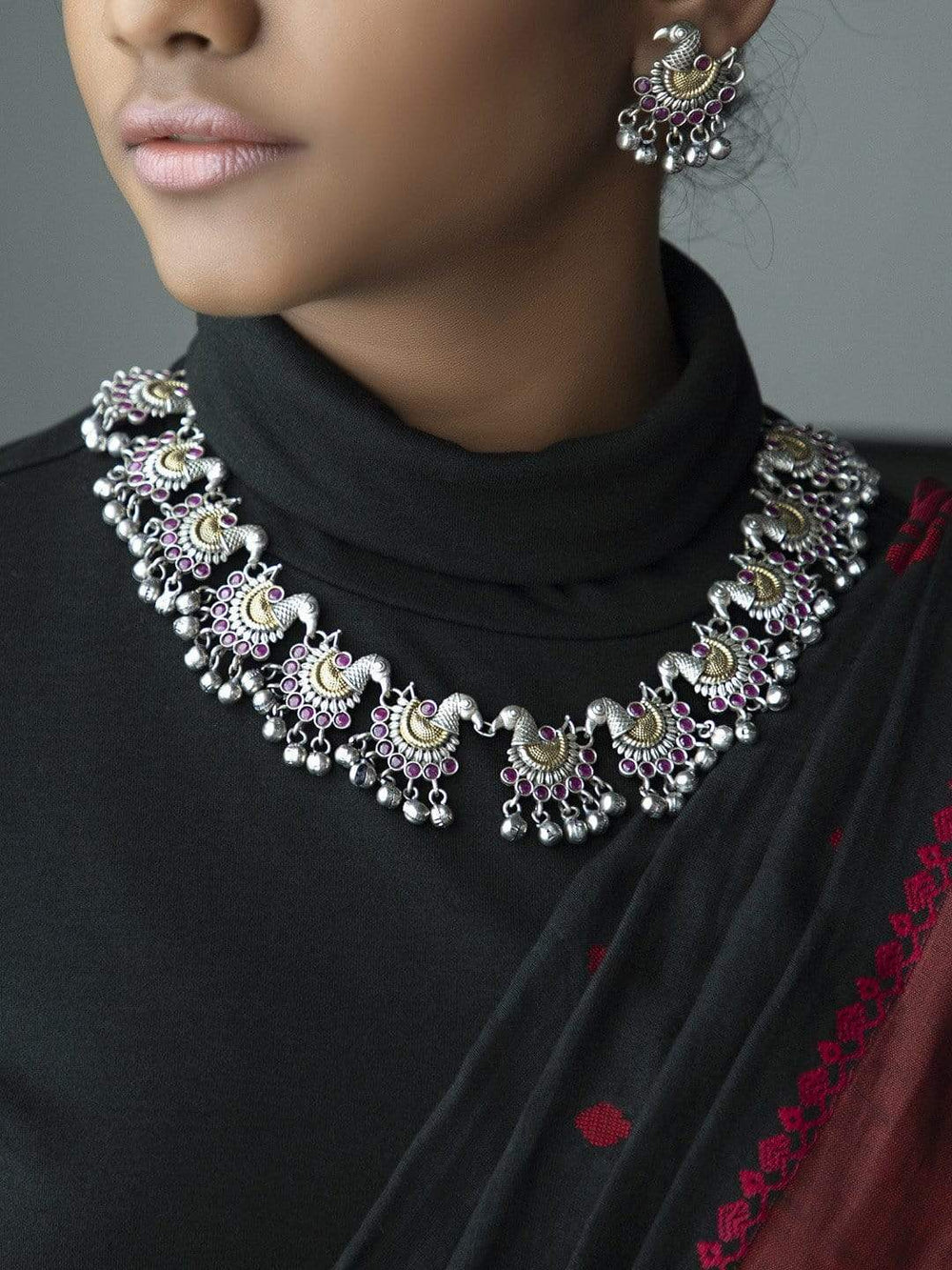 Rubans Oxidised Silver Plated Dual Tone  Faux Ruby Studded Contemporary Peacock Necklace Set Necklace Set