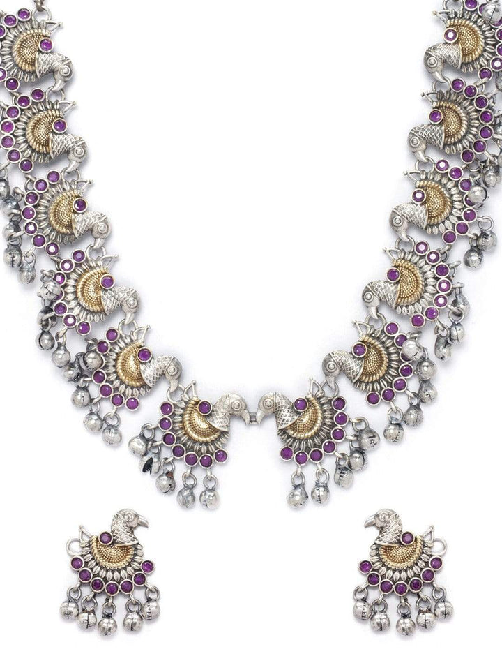 Rubans Oxidised Silver Plated Dual Tone  Faux Ruby Studded Contemporary Peacock Necklace Set Necklace Set