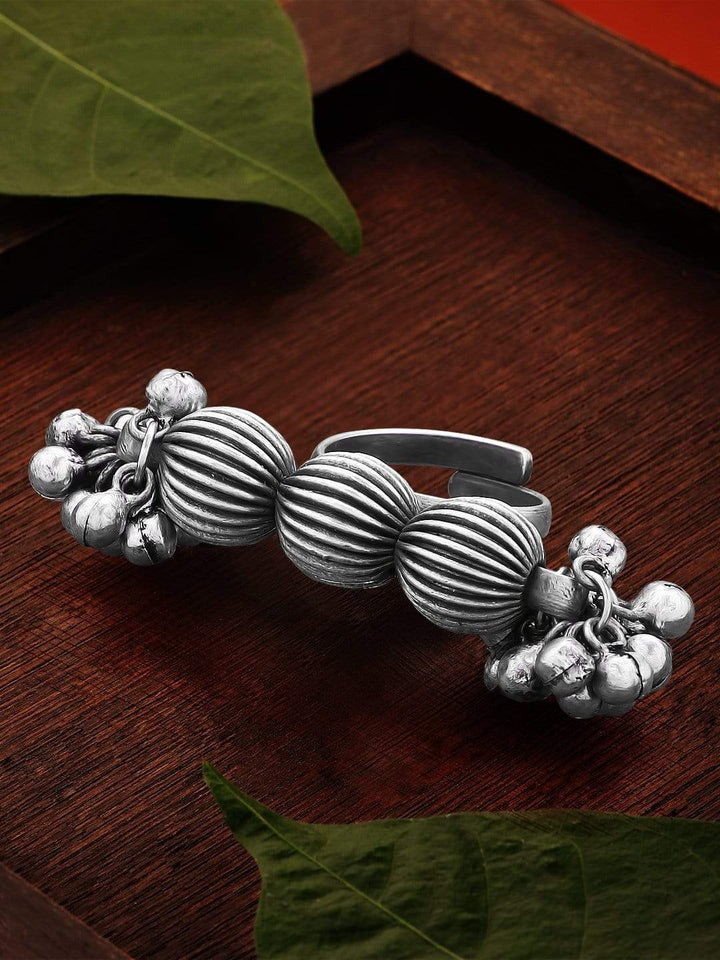 Rubans Oxidised Silver-Plated Ghungroo-Studded Handcrafted Adjustable Finger Ring Rings